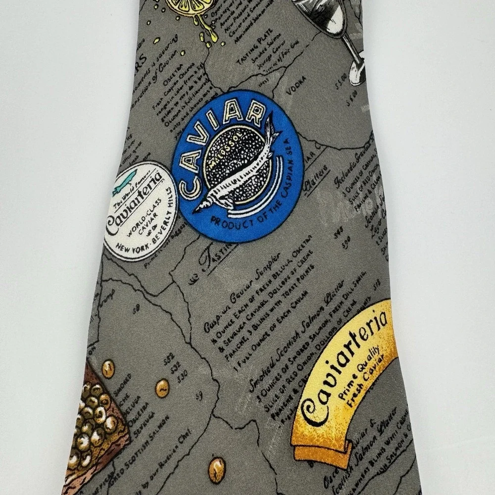 VTG Nicole Miller Caviar Cocktail Novelty Silk Tie 1995 Gray